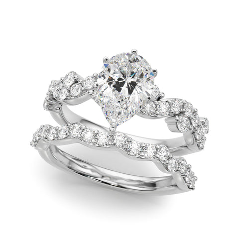 White gold Pear Cut Solitaire Diamond Twisted Band with Pave Setting