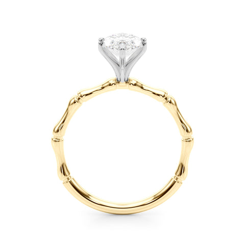 Yellow gold Marquise Solitaire Diamond Ring with Bamboo Band and Four-Prong Setting