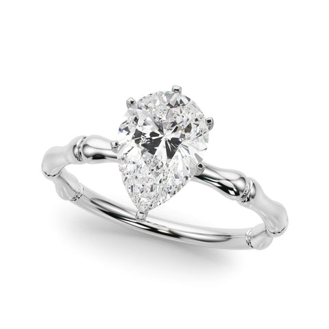 Platinum Pear Solitaire Diamond Ring with Bamboo Band and Four-Prong Setting