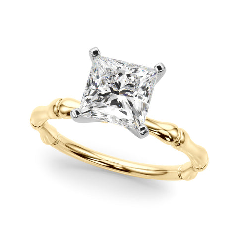 Yellow gold Princess Solitaire Diamond Ring with Bamboo Band and Four-Prong Setting