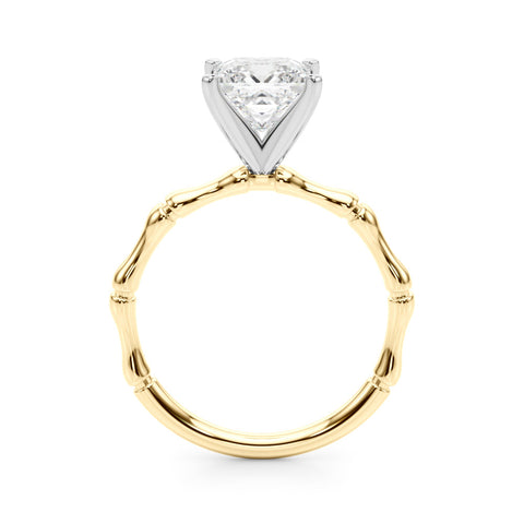 Yellow gold Princess Solitaire Diamond Ring with Bamboo Band and Four-Prong Setting