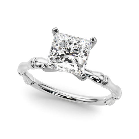Platinum Princess Solitaire Diamond Ring with Bamboo Band and Four-Prong Setting
