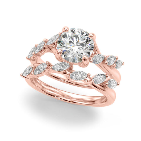 Rose gold Round Solitaire Diamond Ring with Marquise Side Stones and Prong Setting on a Split Shank Band