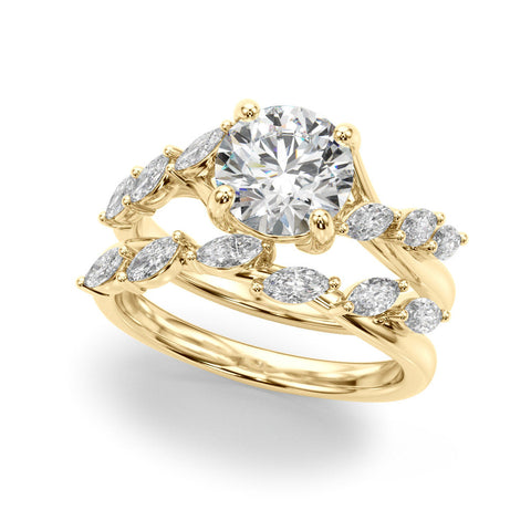 Yellow gold Round Solitaire Diamond Ring with Marquise Side Stones and Prong Setting on a Split Shank Band