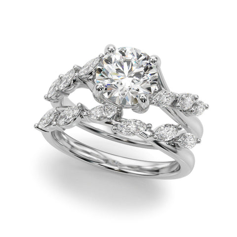 White gold Round Solitaire Diamond Ring with Marquise Side Stones and Prong Setting on a Split Shank Band
