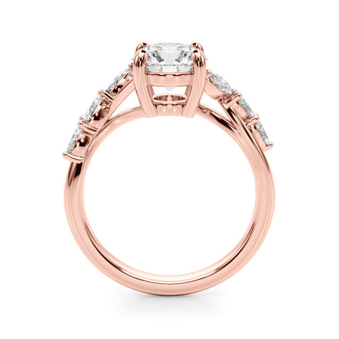 Rose gold Round Solitaire Diamond Ring with Marquise Side Stones and Prong Setting on a Split Shank Band