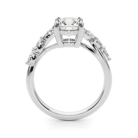 White gold Round Solitaire Diamond Ring with Marquise Side Stones and Prong Setting on a Split Shank Band