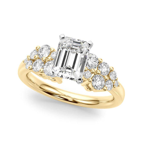 Yellow gold Emerald Cluster Diamond Engagement Ring with Pavé Band and Four-Prong Setting