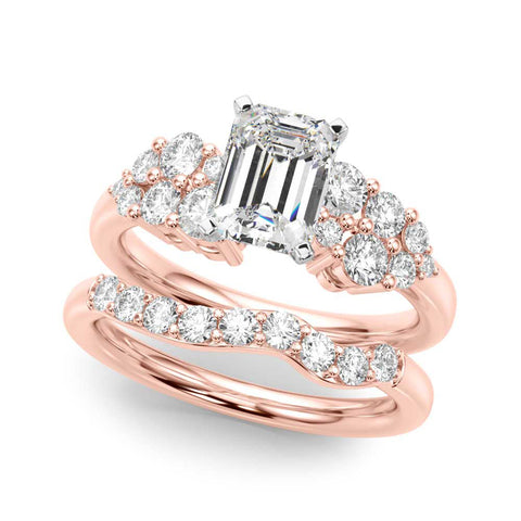 Rose gold Emerald Cluster Diamond Engagement Ring with Pavé Band and Four-Prong Setting
