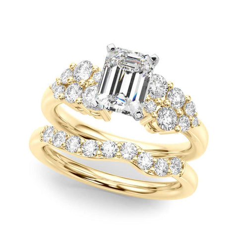 Yellow gold Emerald Cluster Diamond Engagement Ring with Pavé Band and Four-Prong Setting