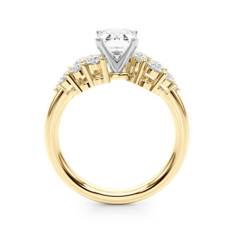Yellow gold Emerald Cluster Diamond Engagement Ring with Pavé Band and Four-Prong Setting