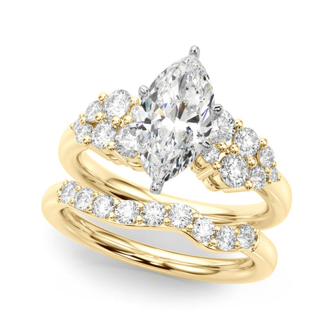 Yellow gold Marquise Cluster Diamond Engagement Ring with Pavé Band and Four-Prong Setting