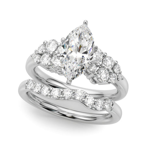 Platinum Marquise Cluster Diamond Engagement Ring with Pavé Band and Four-Prong Setting
