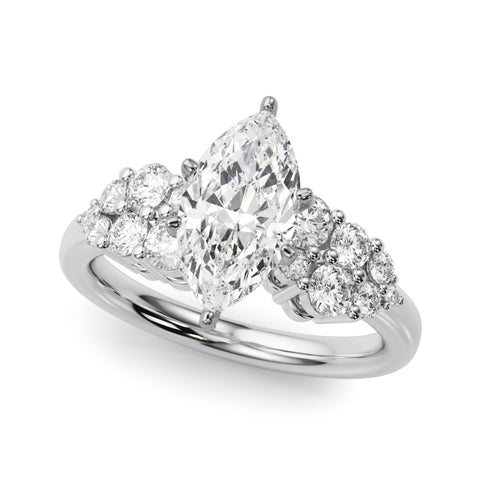Silver Marquise Cluster Diamond Engagement Ring with Pavé Band and Four-Prong Setting