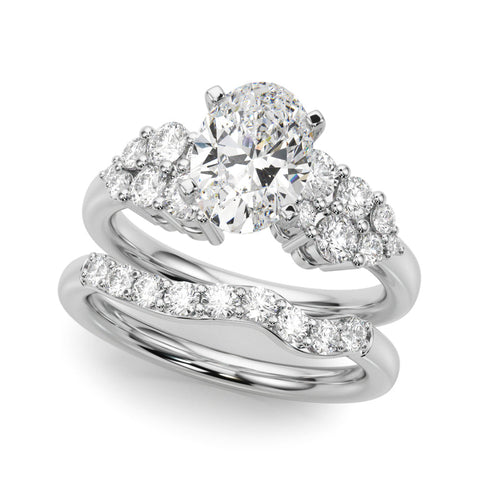 Platinum Oval Cluster Diamond Engagement Ring with Pavé Band and Four-Prong Setting