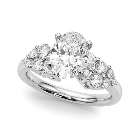 Platinum Oval Cluster Diamond Engagement Ring with Pavé Band and Four-Prong Setting