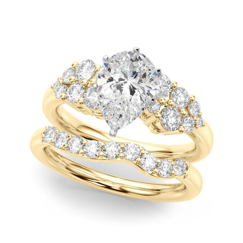 Yellow gold Pear Cluster Diamond Engagement Ring with Pavé Band and Four-Prong Setting