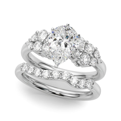 Platinum Pear Cluster Diamond Engagement Ring with Pavé Band and Four-Prong Setting