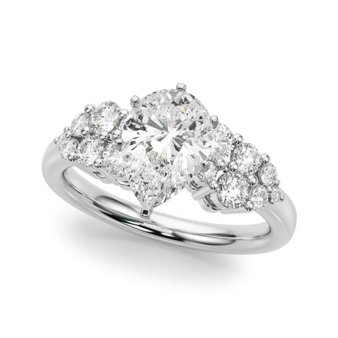 Platinum Pear Cluster Diamond Engagement Ring with Pavé Band and Four-Prong Setting