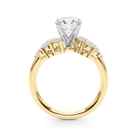 Yellow gold Cushion Cluster Diamond Engagement Ring with Pavé Band and Four-Prong Setting