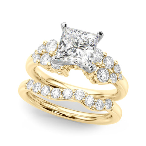 Yellow gold Princess Cluster Diamond Engagement Ring with Pavé Band and Four-Prong Setting