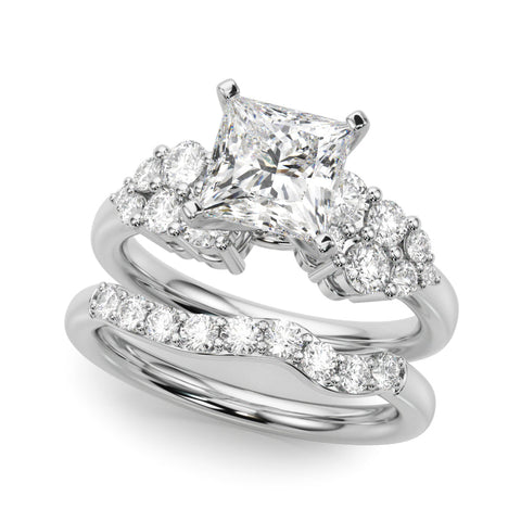 Platinum Princess Cluster Diamond Engagement Ring with Pavé Band and Four-Prong Setting