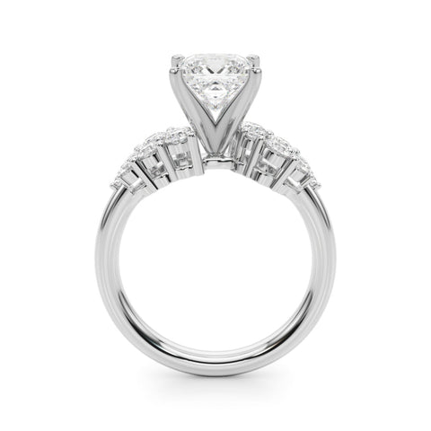 Platinum Princess Cluster Diamond Engagement Ring with Pavé Band and Four-Prong Setting
