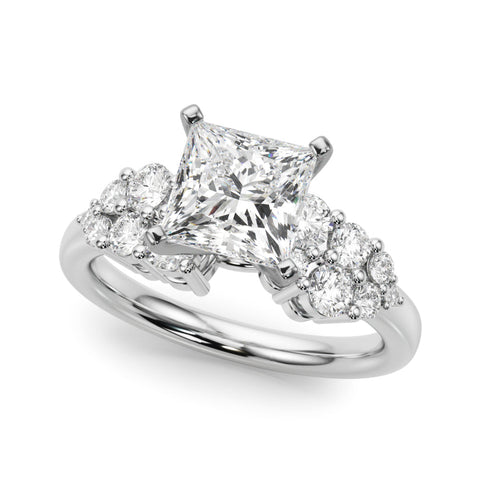 Platinum Princess Cluster Diamond Engagement Ring with Pavé Band and Four-Prong Setting