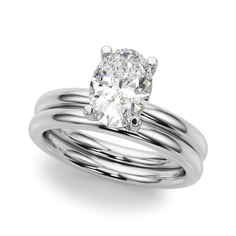 White gold Oval Solitaire Engagement Ring with Four-Prong Setting and Plain Band