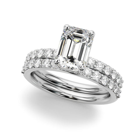 White gold Emerald Cut Diamond Solitaire with Pave Band and Four-Prong Setting