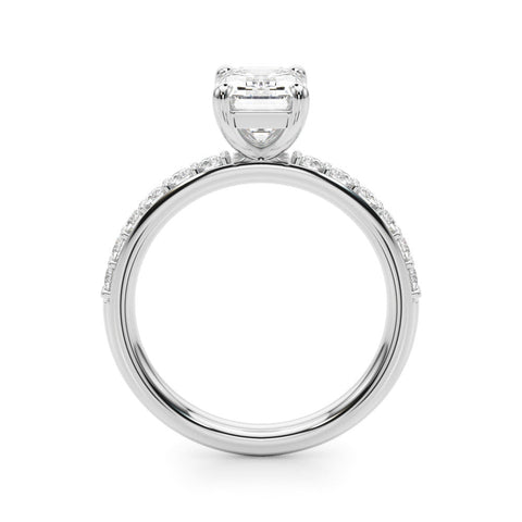 White gold Radiant Cut Diamond Solitaire with Pave Band and Four-Prong Setting