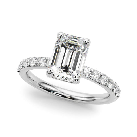 White gold Radiant Cut Diamond Solitaire with Pave Band and Four-Prong Setting