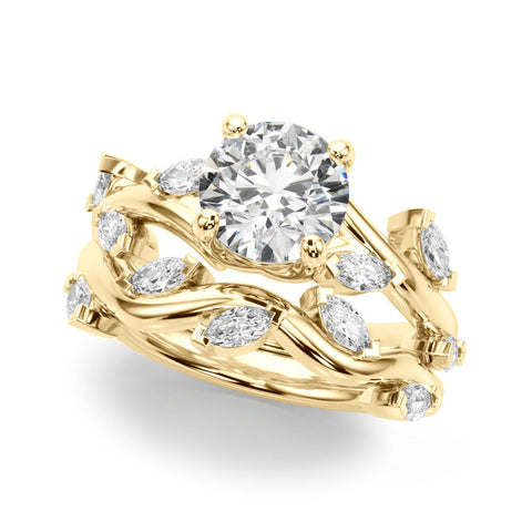 Yellow gold Round Solitaire Twisted Band Marquise Accent Prong Setting Ring