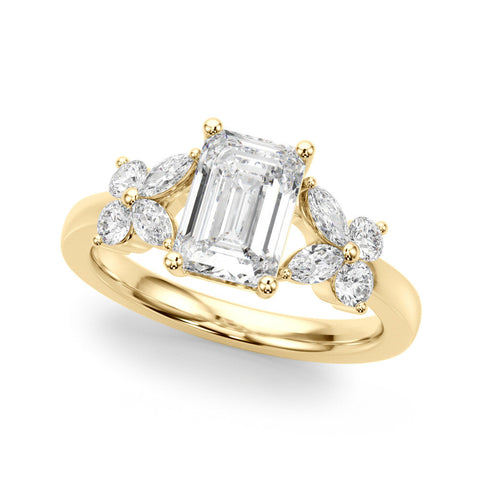 Yellow gold Emerald Cut Solitaire Floral Diamond Ring with Four-Prong Setting