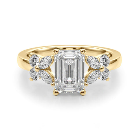 Yellow gold Radiant Cut Solitaire Floral Diamond Ring with Four-Prong Setting