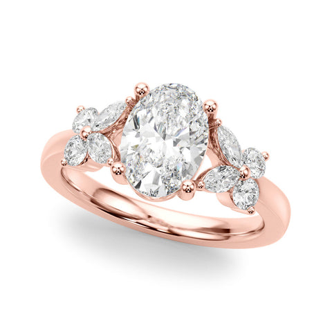 Rose gold Round Diamond Floral Cluster Ring with Solitaire Band and Prong Setting