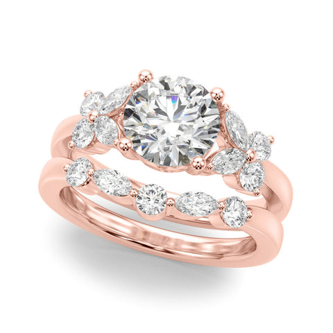 Rose gold Round Brilliant Diamond Floral Cluster Solitaire with Marquise and Pear Accents on a Platinum Band with Four-Prong Setting