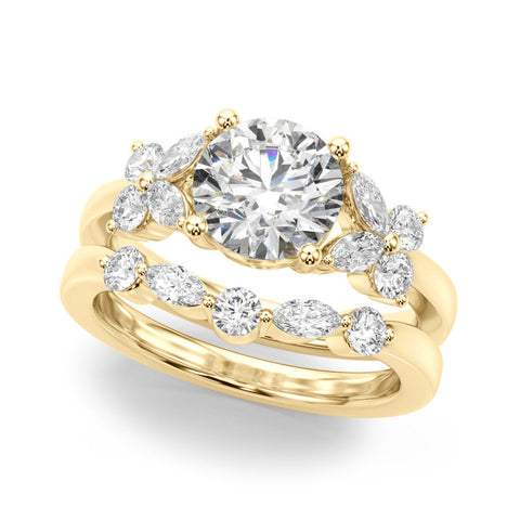 Yellow gold Round Brilliant Diamond Floral Cluster Solitaire with Marquise and Pear Accents on a Platinum Band with Four-Prong Setting