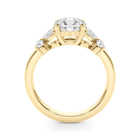 Yellow gold Round Brilliant Diamond Floral Cluster Solitaire with Marquise and Pear Accents on a Platinum Band with Four-Prong Setting