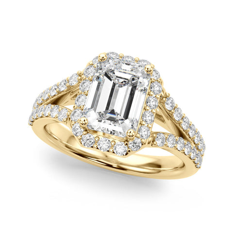 Yellow gold Radiant-Cut Halo Split Shank Diamond Ring with Four-Prong Setting