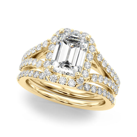 Yellow gold Cushion-Cut Halo Split Shank Diamond Ring with Four-Prong Setting