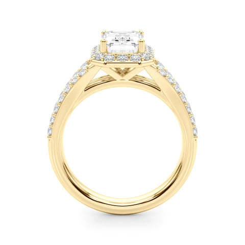 Yellow gold Cushion-Cut Halo Split Shank Diamond Ring with Four-Prong Setting