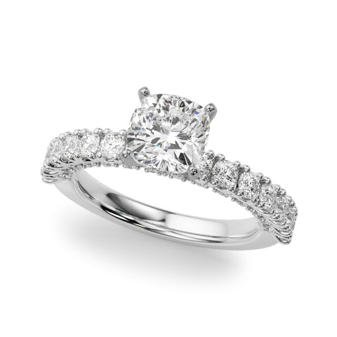 Silver Cushion Diamond Pavé Band Solitaire Ring with Four-Prong Setting