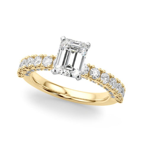 Yellow gold Radiant Diamond Pavé Band Solitaire Ring with Four-Prong Setting