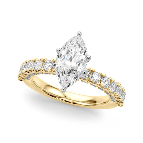 Yellow gold Marquise Diamond Pavé Band Solitaire Ring with Four-Prong Setting