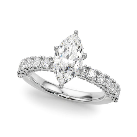Silver Marquise Diamond Pavé Band Solitaire Ring with Four-Prong Setting