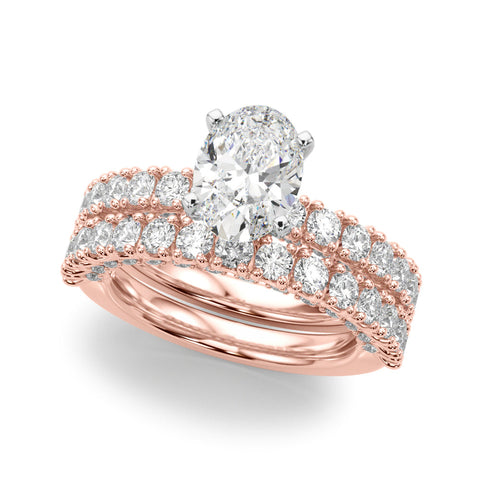 Rose gold Oval Diamond Pavé Band Solitaire Ring with Four-Prong Setting
