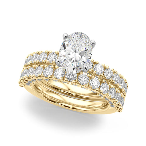 Yellow gold Oval Diamond Pavé Band Solitaire Ring with Four-Prong Setting