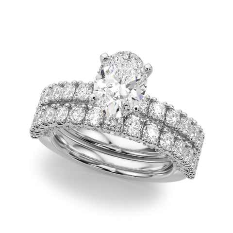 White gold Oval Diamond Pavé Band Solitaire Ring with Four-Prong Setting