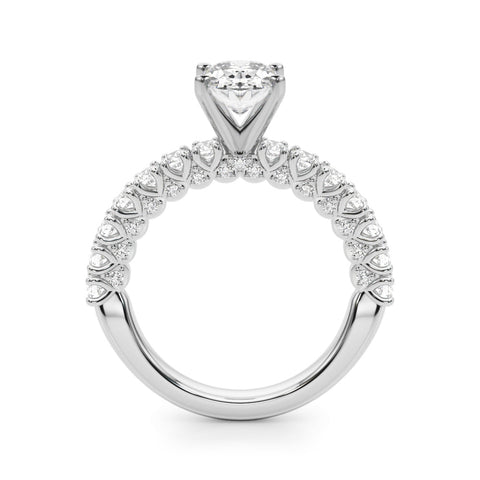 Silver Oval Diamond Pavé Band Solitaire Ring with Four-Prong Setting